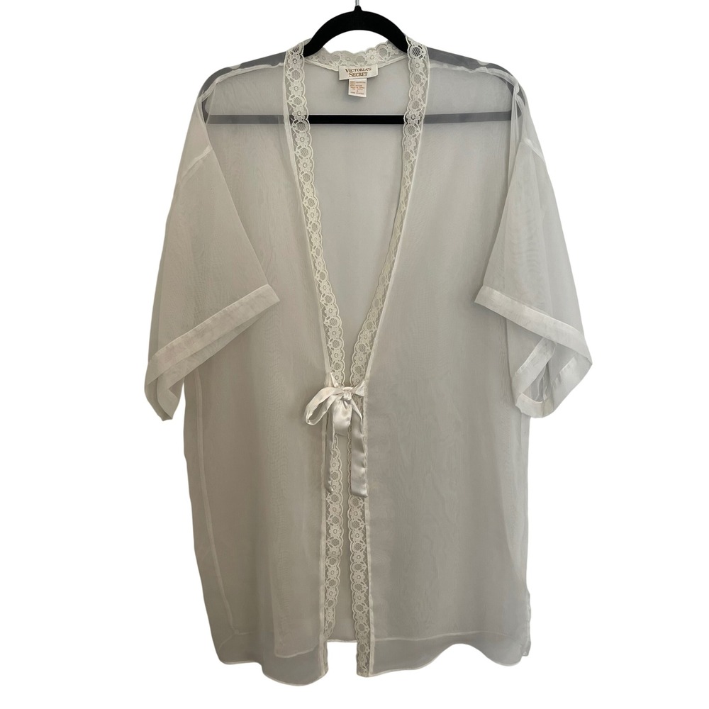 Vintage Victorias Secret Gold Label White Sheer Lace Mesh Kimono Robe Small